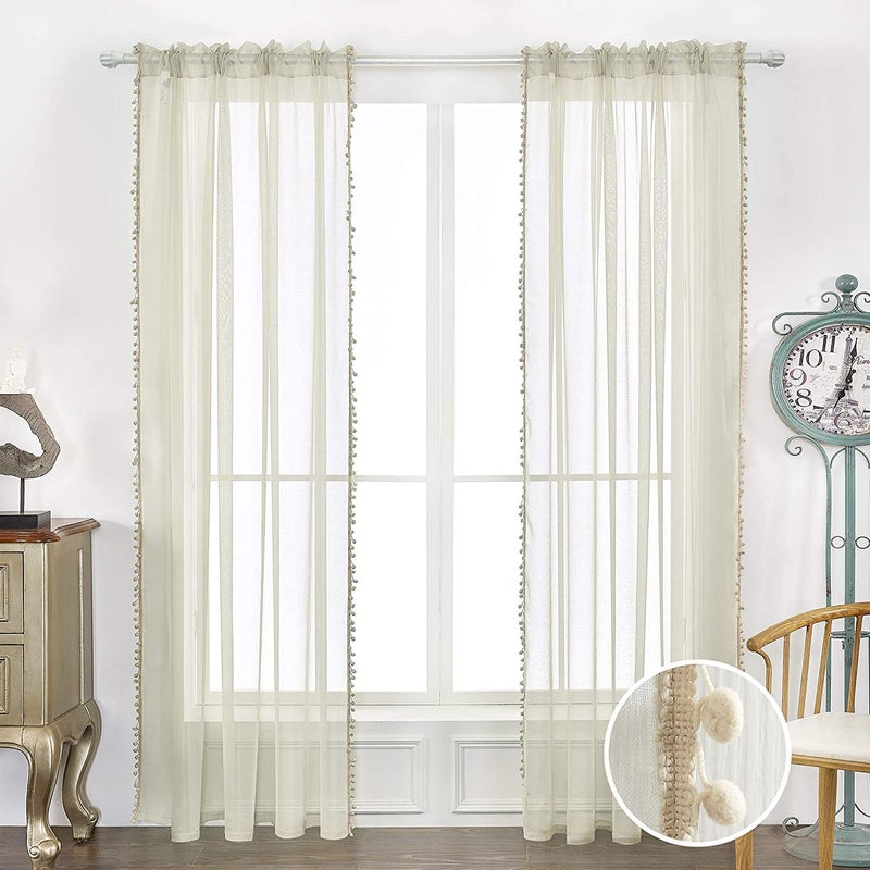 MISS SELECTEX Linen Look Pom Pom Tasseled Sheer Curtains - Rod Pocket Voile Semi-Sheer Curtains for Living and Bedroom, Set of 2 Curtain Panels (52 x 84 inch, Nature) - Image 2